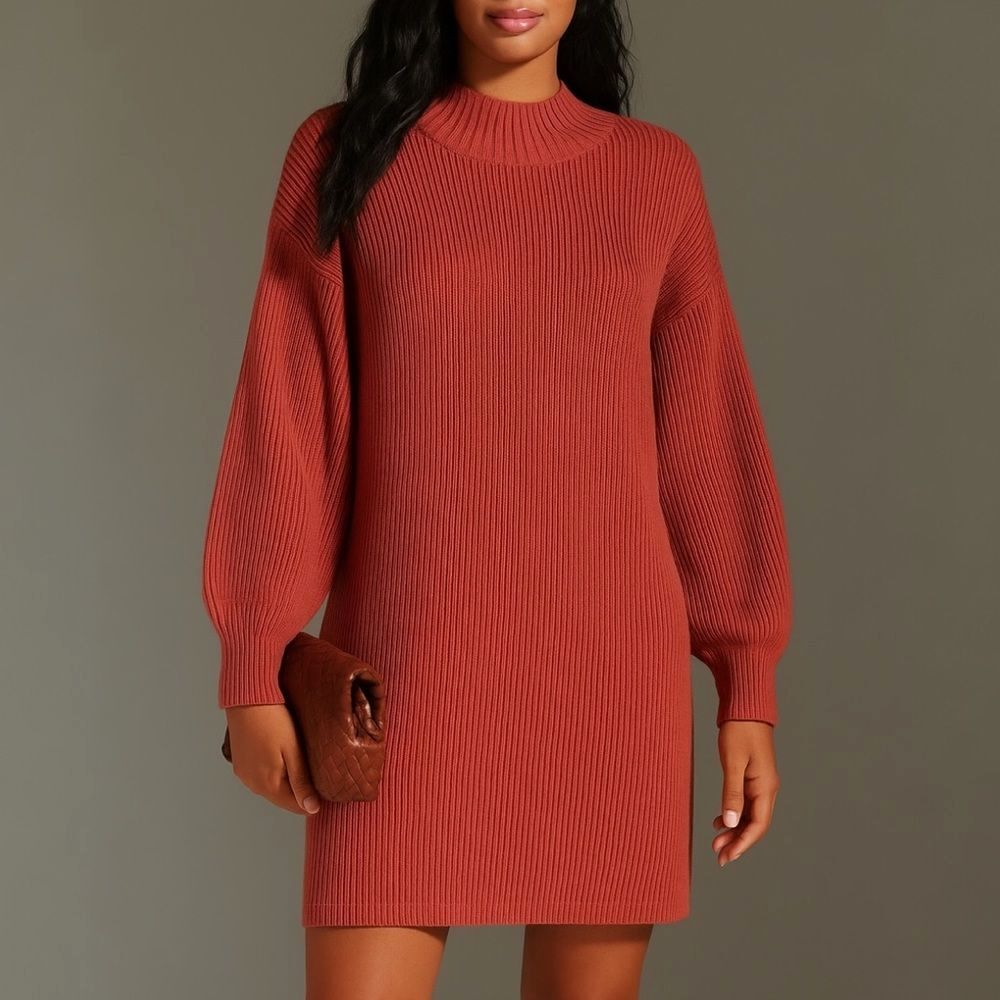 NWT Maeve Anthropologie Cedar Mock Neck Knit Sweater Dress Sz Large Rust Brown